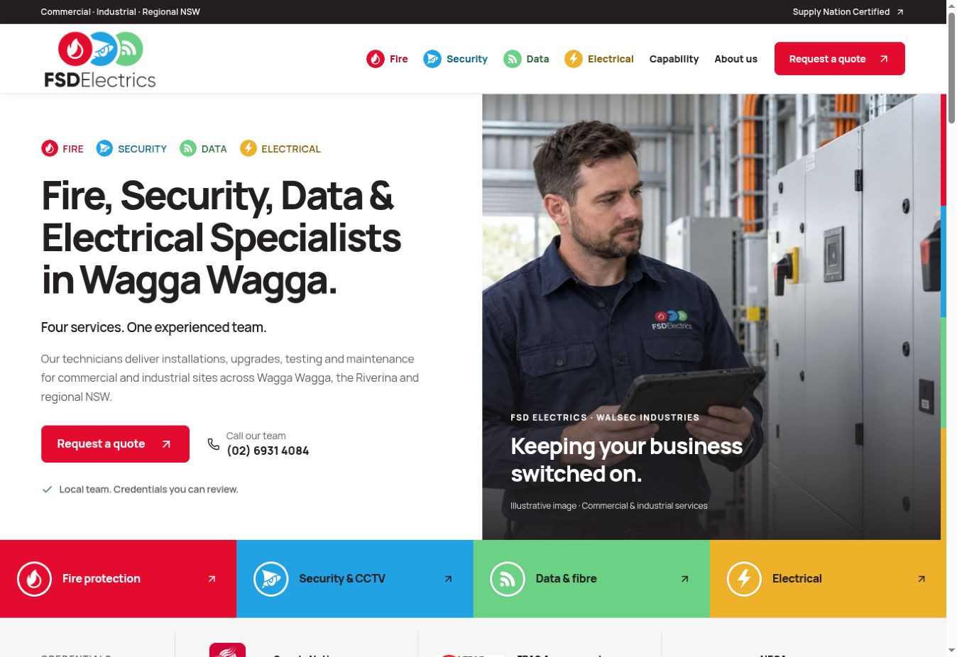 FSD’s website homepage, showing the four services, local heading and contact links